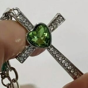 Elegant Silver and Green Heart Cross Pendant